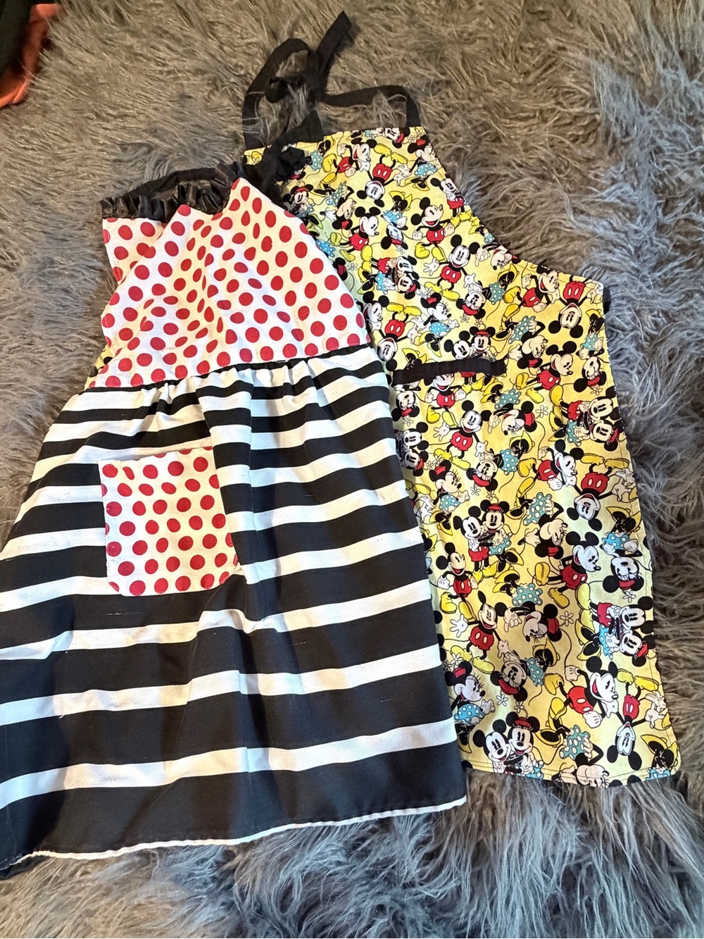 Retro Mickey & Polka Dot Apron Set - Black, White, Red, Yellow, 2 aprons.
